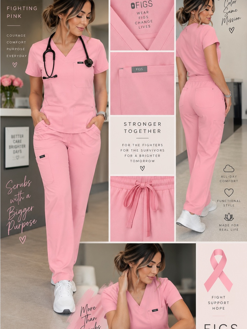 FIGS Women's Pink V-Neck Scrub Top & Drawstring Jogger Pants